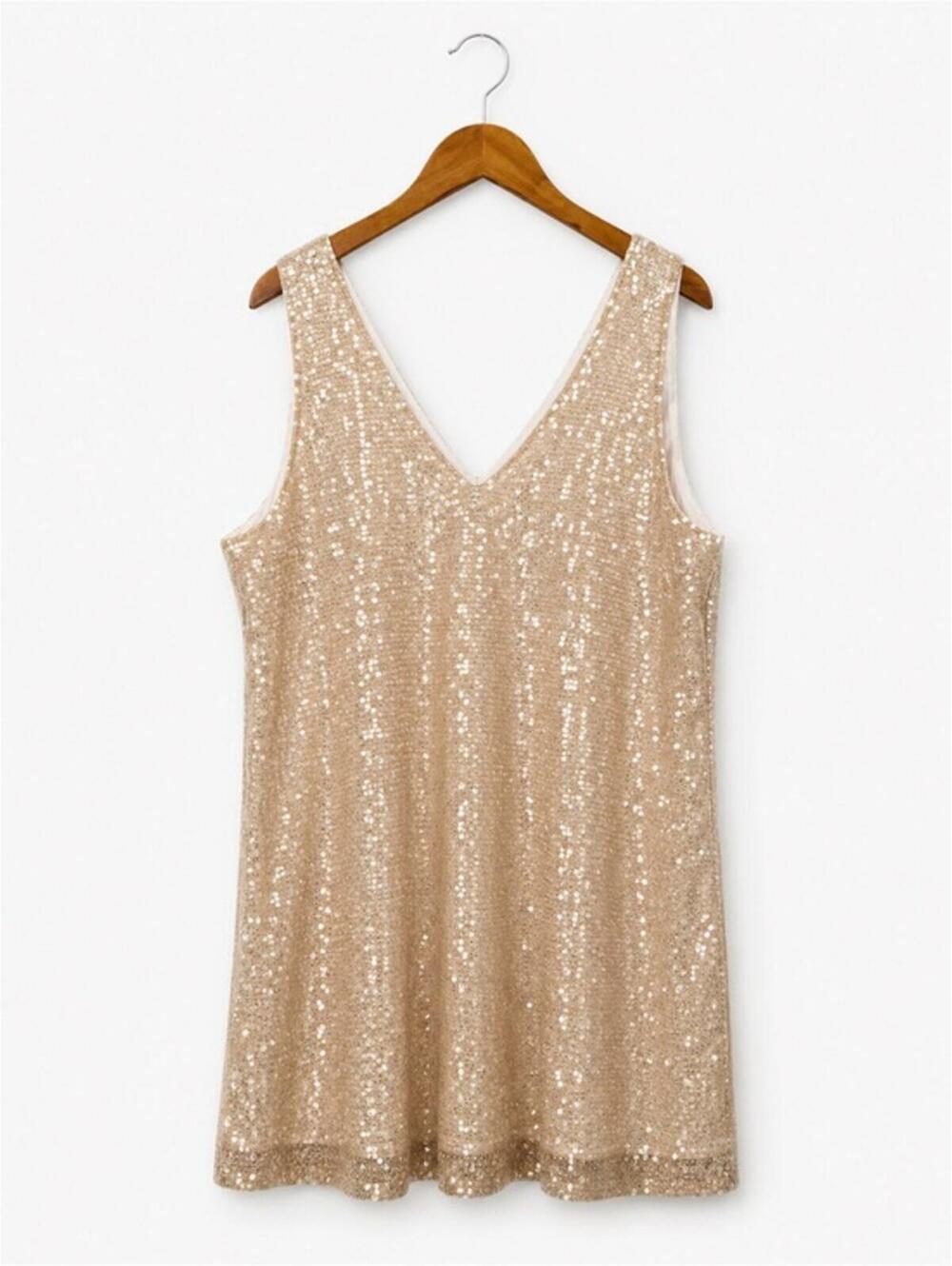 A New Day Women's Beige Sequin Sleeveless V-Neck Shift Dress Size L NWT - Picture 4 of 4